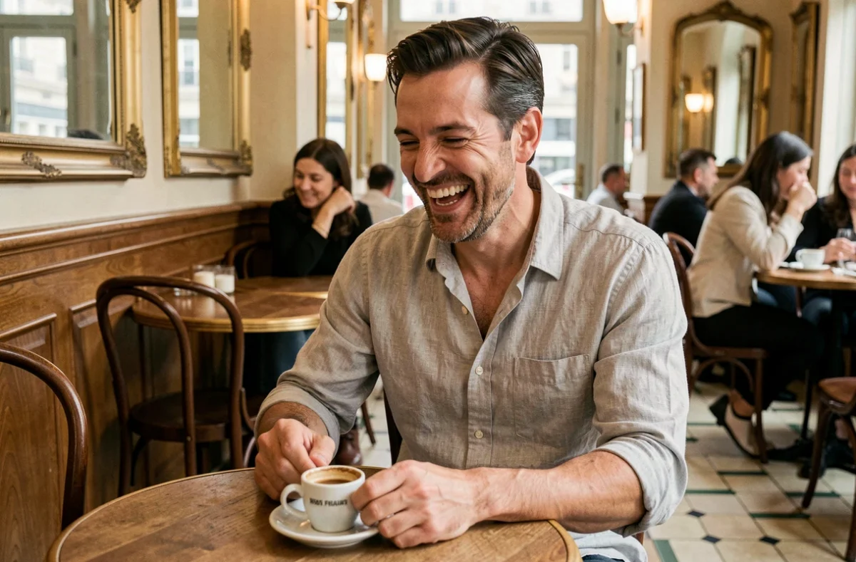Acteur français souriant dans une brasserie parisienne, ambiance décontractée et naturelle pour article biographie