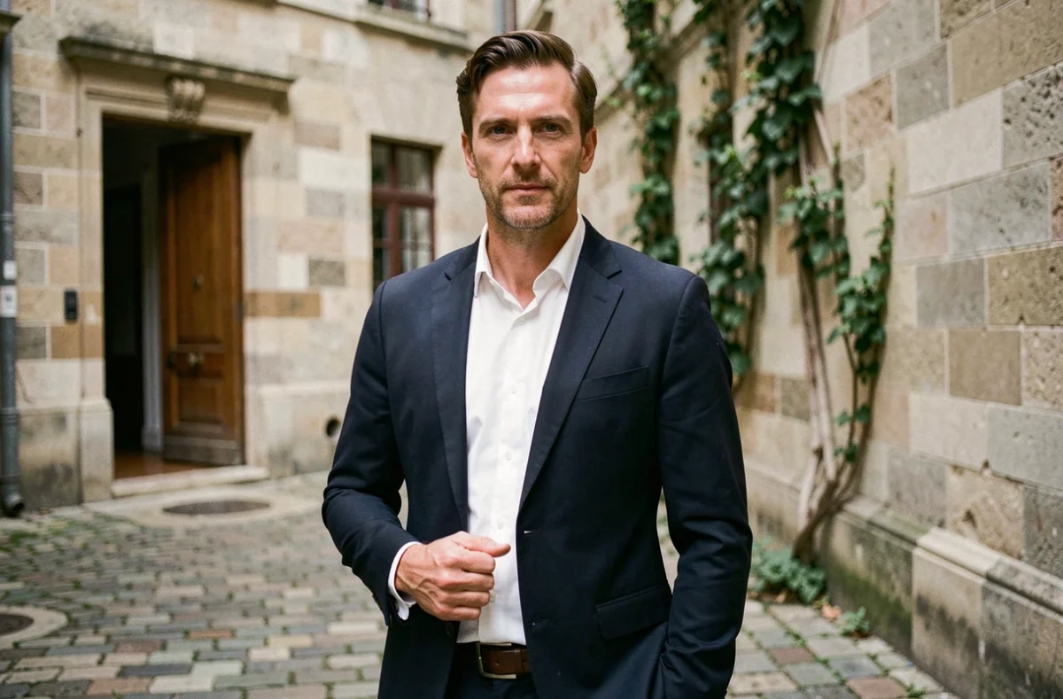 Portrait éditorial d'un acteur français charismatique dans une cour parisienne en pierre, style biographie officielle