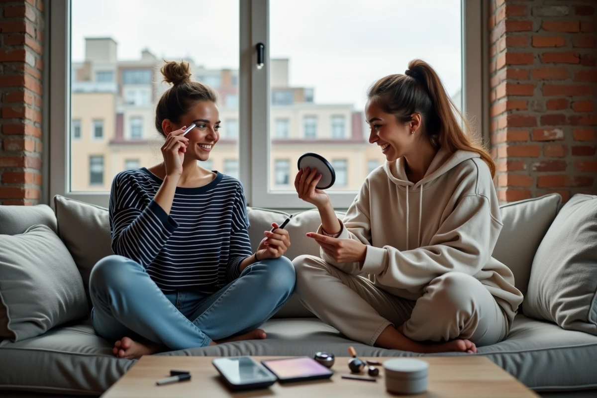 Deux amies partageant des astuces maquillage sur un canapé en lin dans un appartement urbain chaleureux