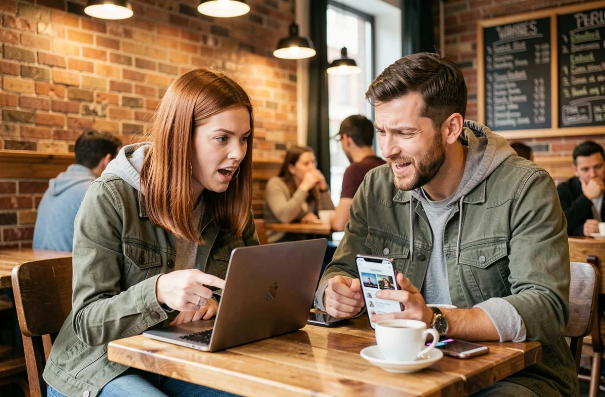 Deux amis découvrant ensemble des recommandations de films sur leurs appareils dans un café urbain
