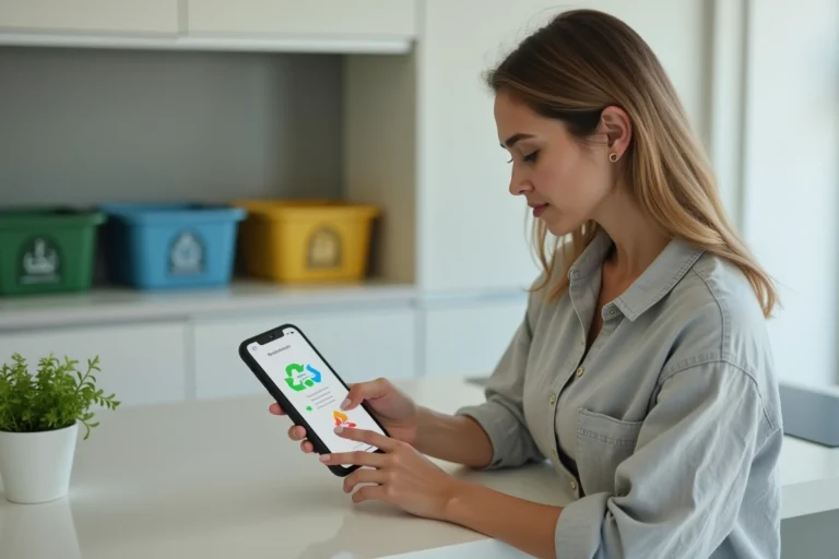 Femme utilisant une application numérique de gestion des déchets sur smartphone dans une cuisine moderne avec bacs de tri colorés
