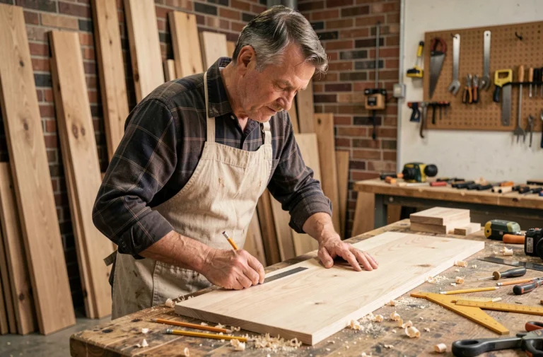 Artisan menuisier mesurant un panneau en bois sur-mesure dans un atelier traditionnel équipé d'outils professionnels