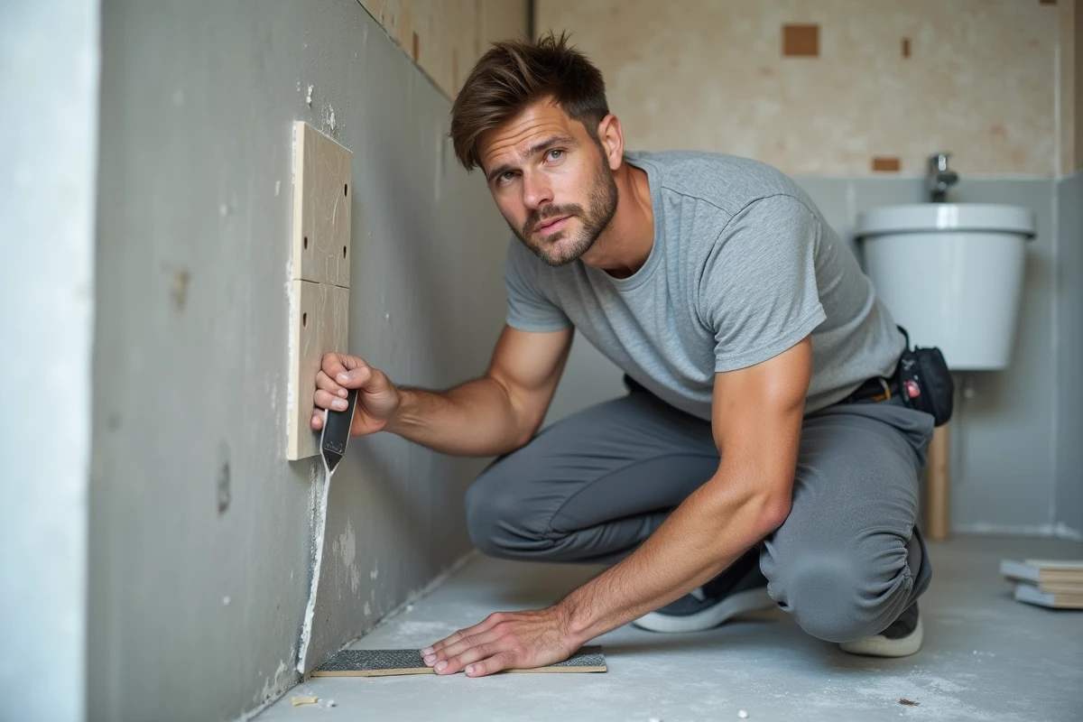 Artisan posant du carrelage dans une salle de bain en rénovation avec soin et méthode, projet de travaux bien planifié