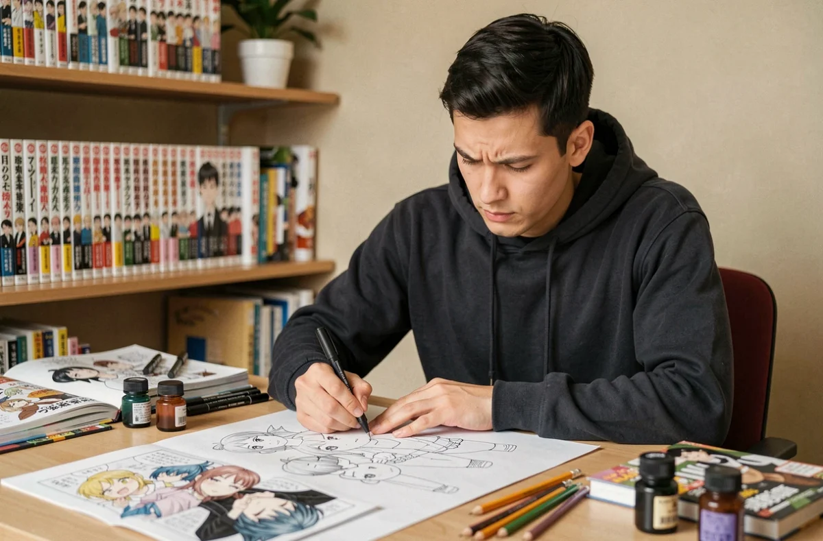 Jeune auteur de manga dessinant des personnages dans son studio créatif entouré de carnets et de stylos encreurs