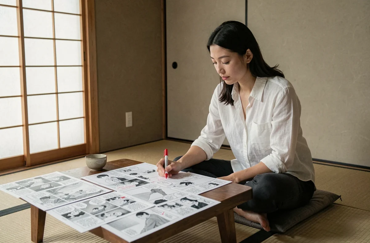 Auteure de manga annotant ses storyboards dans un espace de travail épuré d'inspiration japonaise