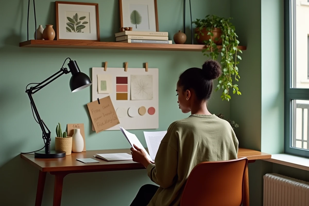 Femme décoratrice d'intérieur travaillant à un bureau en noyer dans un bureau maison style mid-century modern