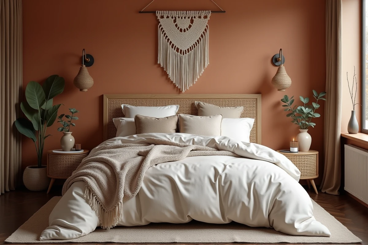 Chambre bohème chic avec tête de lit en cannage, coussins texturés et murs en stuc terracotta pour une déco tendance