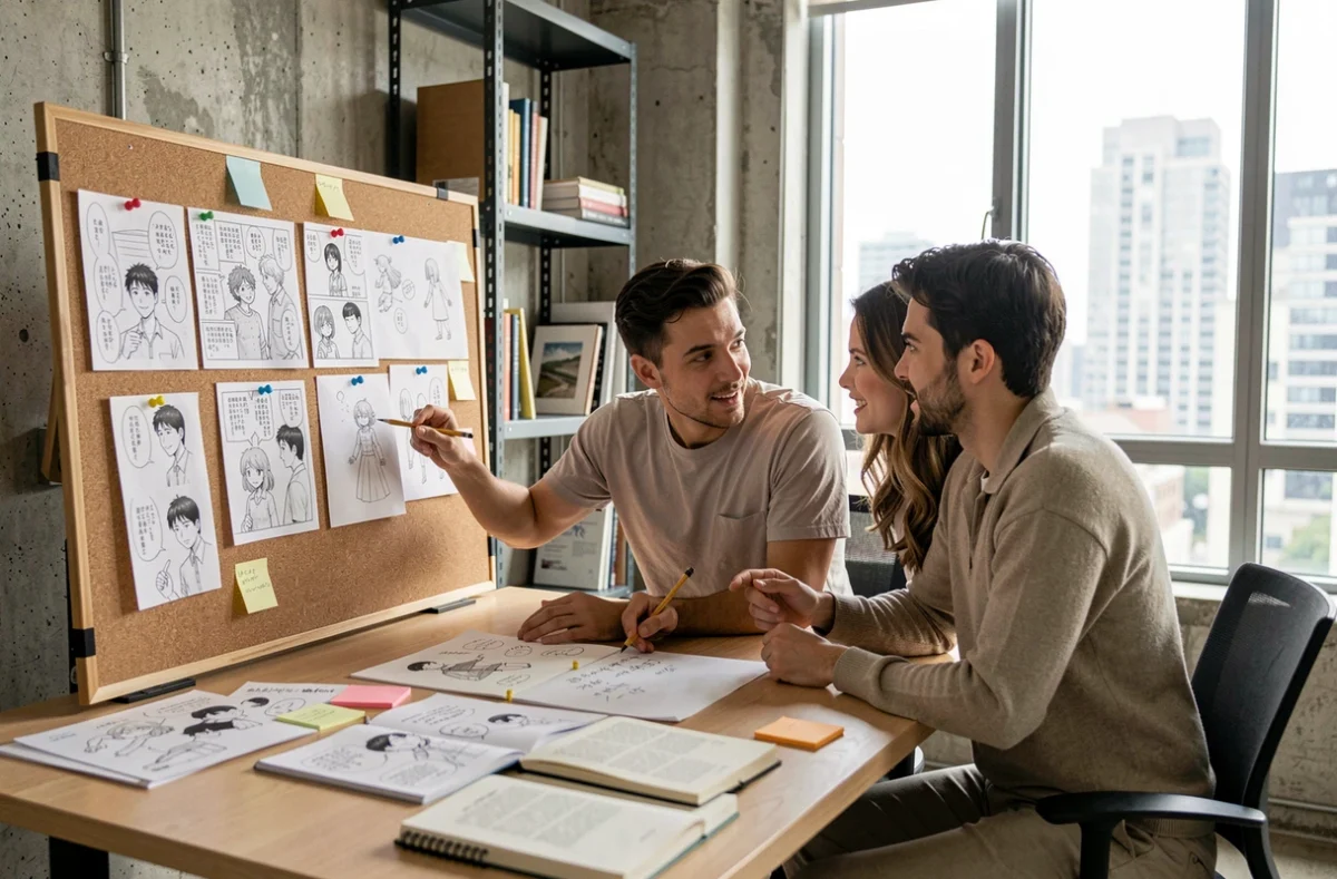 Deux auteurs de manga collaborant sur un script et des designs de personnages dans un espace de travail moderne