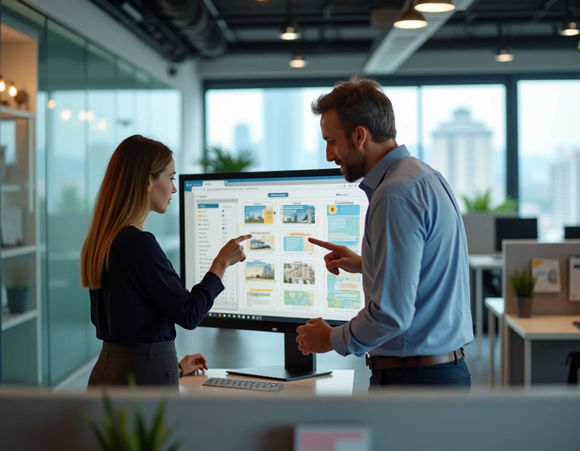Deux professionnels de l'immobilier consultant ensemble le plan du site Immo Guide dans un bureau