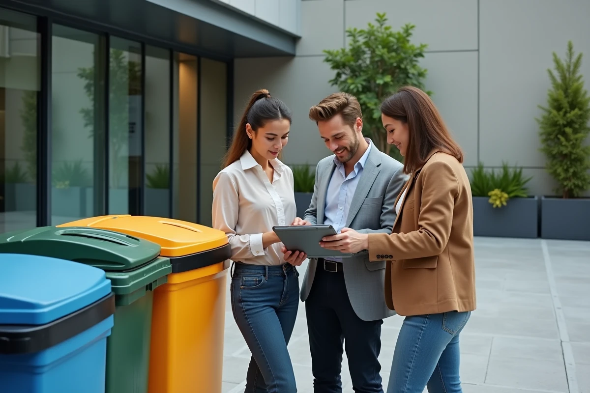 Groupe de collègues consultant une solution numérique de tri des déchets sur tablette devant des conteneurs de recyclage en milieu urbain