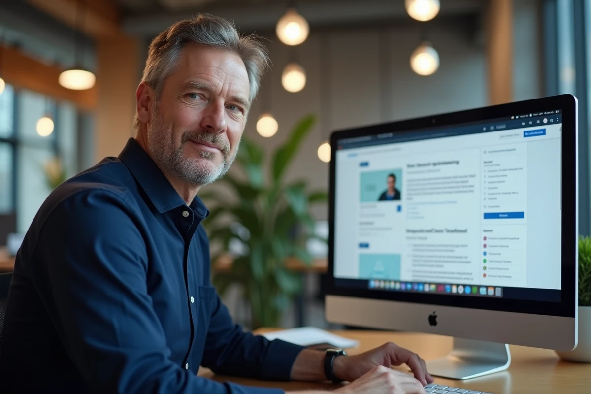 Homme connecté à son compte de blog sur un ordinateur de bureau dans un espace de coworking moderne