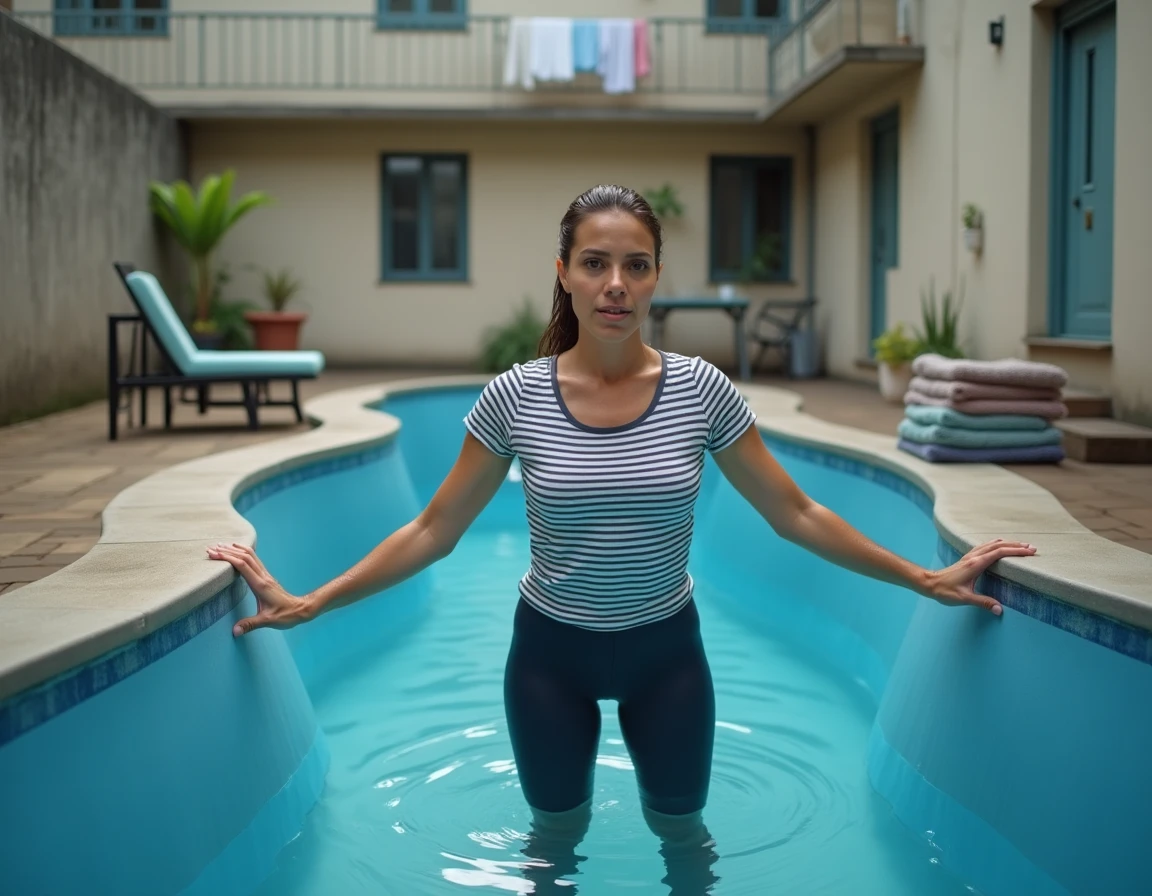 Femme corrigeant l'inclinaison d'une piscine tubulaire depuis l'intérieur sur une terrasse urbaine