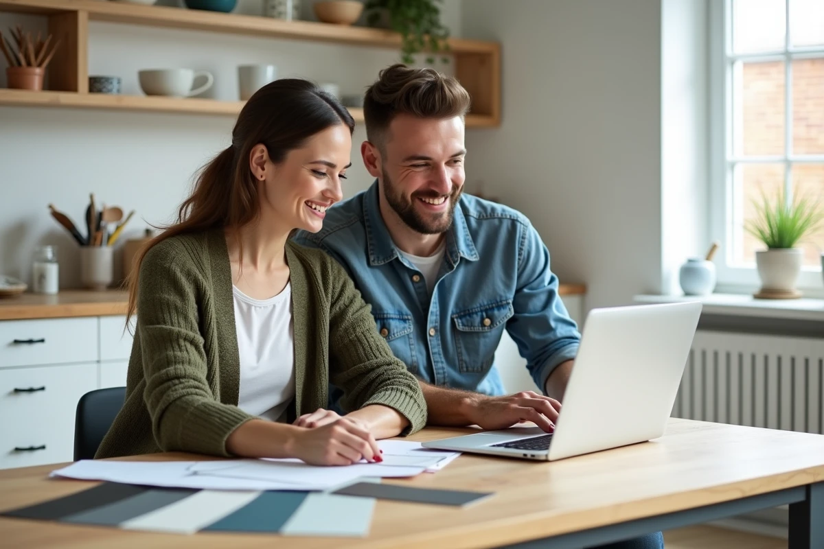 Couple planifiant leur projet de rénovation à domicile avec des échantillons de matériaux et un ordinateur portable sur la table