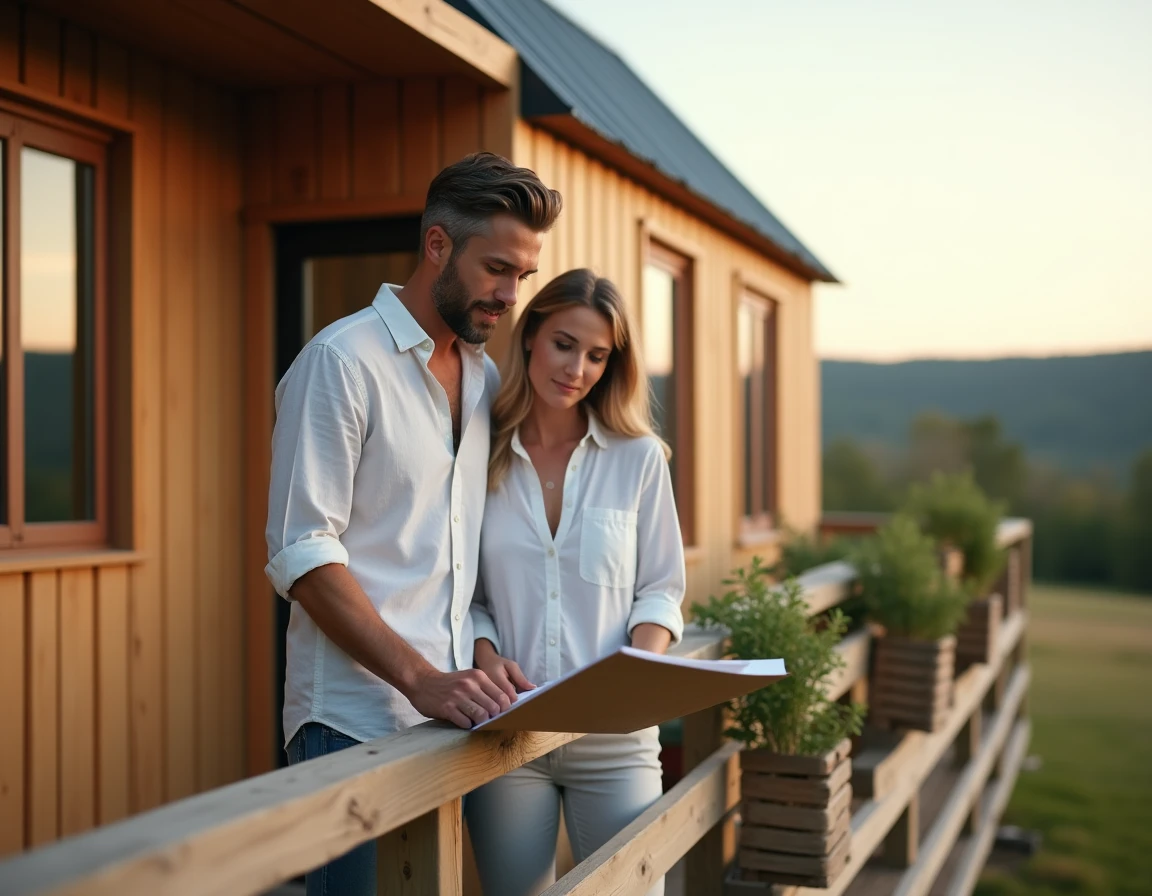 Couple consultant les plans de leur tiny house sur la terrasse bois My Little Group