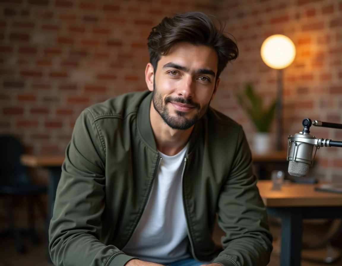 Créateur web en studio podcast minimaliste avec micro professionnel, illustrant la biographie d'une star montante comme Damdamlive