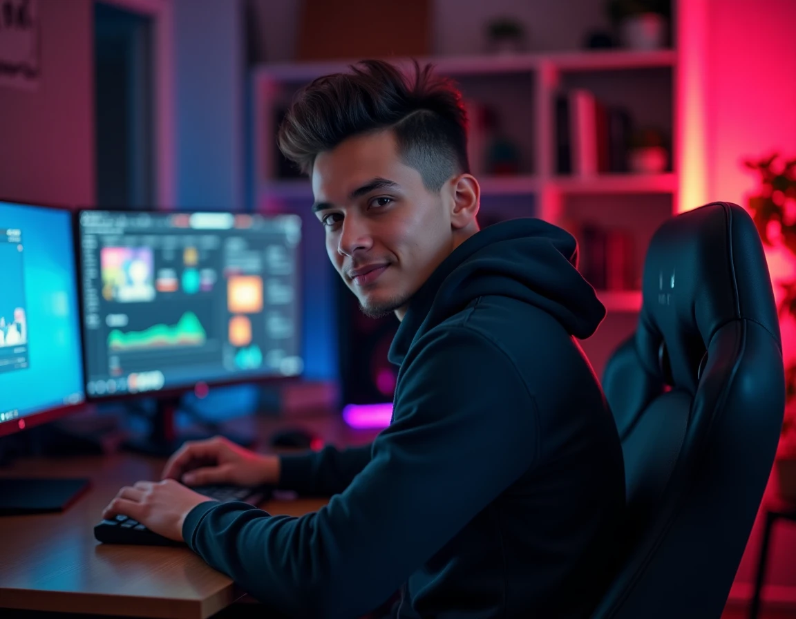 Jeune créateur de contenu web assis devant son setup de streaming, représentant une star montante d'internet comme Damdamlive