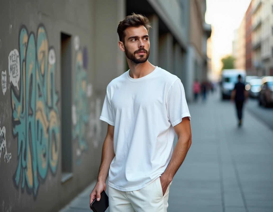 Star montante du web en extérieur urbain tenant un smartphone, évoquant l'univers des influenceurs comme Damdamlive