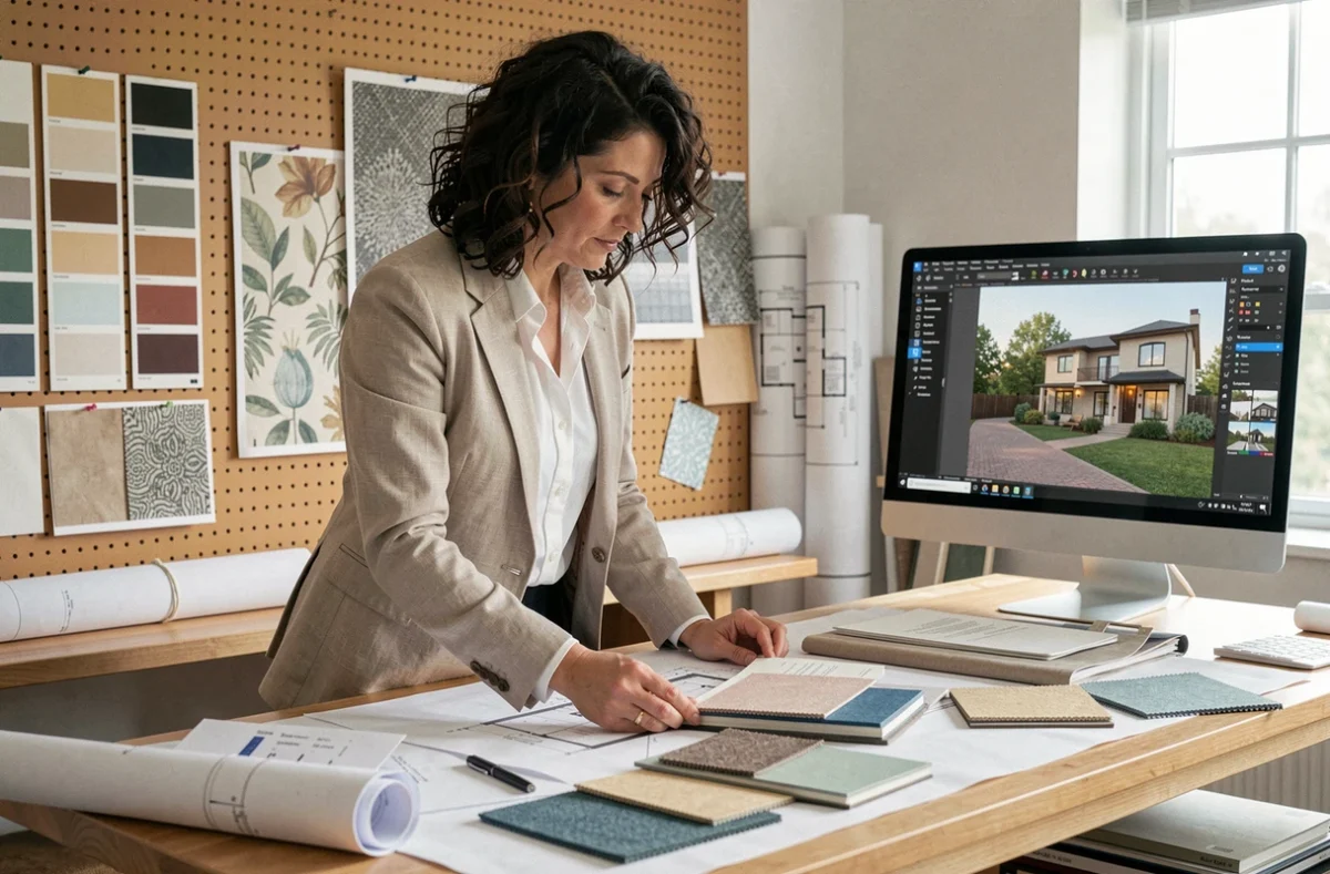 Décoratrice d'intérieur étudiant des échantillons de matériaux et tissus dans un studio de design moderne pour un projet de rénovation résidentielle