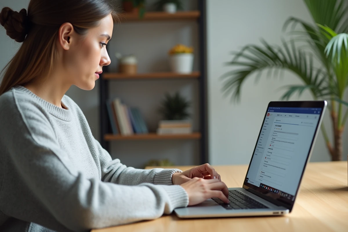 Femme désactivant la synchronisation Google Drive sur un ordinateur portable dans un bureau minimaliste