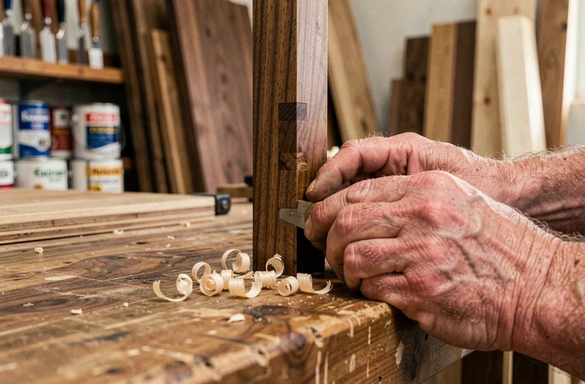 Gros plan sur les mains d'un artisan assemblant un joint en queue d'aronde sur un meuble en noyer sur-mesure