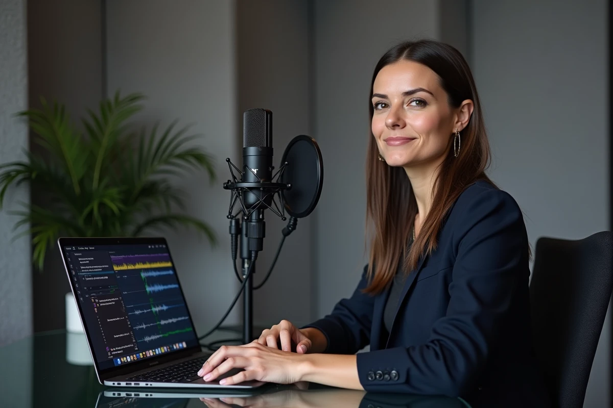 Femme utilisant ElevenLabs Dubbing sur ordinateur pour doubler et traduire du contenu audio gratuitement