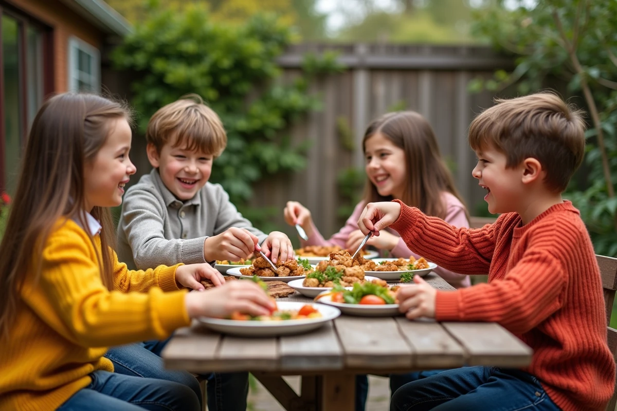 Enfants partageant un repas en plein air dans le jardin