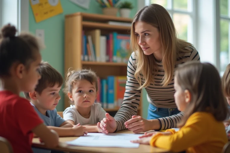 Enseignante primaire expliquant un concept aux enfants
