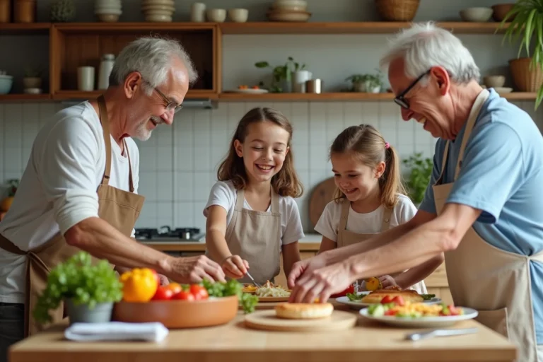 Famille multigenerational préparant un repas convivial