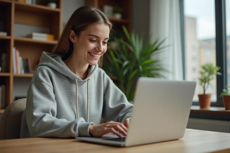 Jeune femme assise à un bureau à la maison utilisant un ordinateur portable