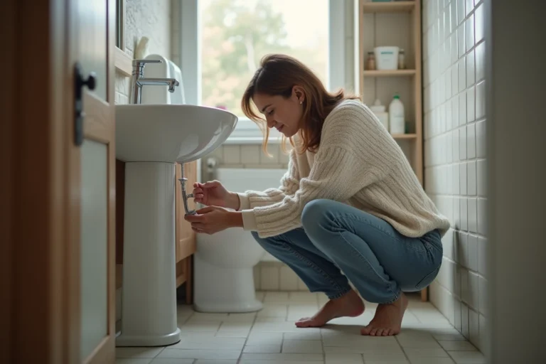 Femme examinant un siphon de douche bloqué dans une salle de bain