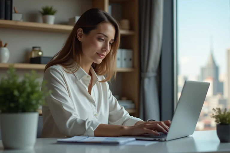 Femme d affaires regardant des graphiques financiers sur son ordinateur