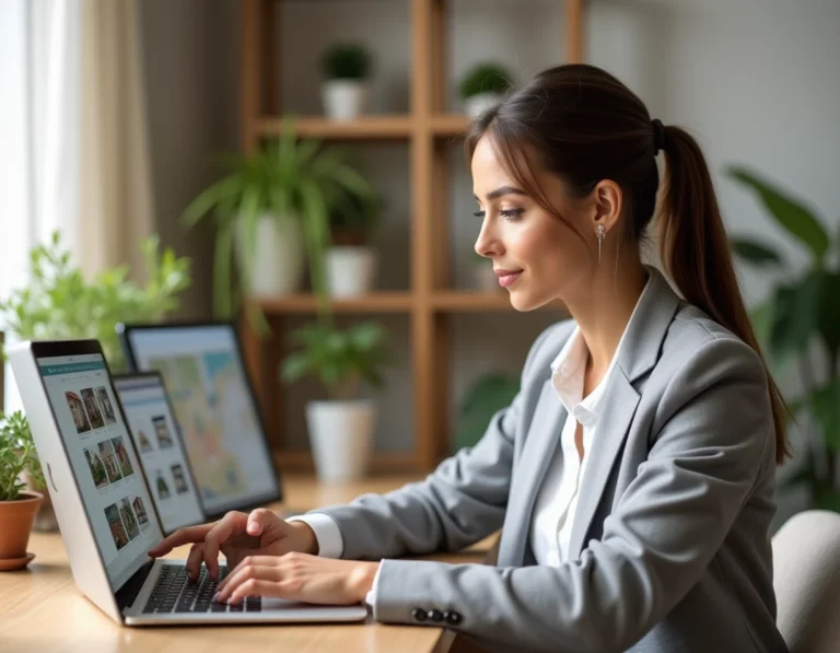 Femme consultant le plan du site Immo Guide sur un ordinateur portable dans un bureau moderne