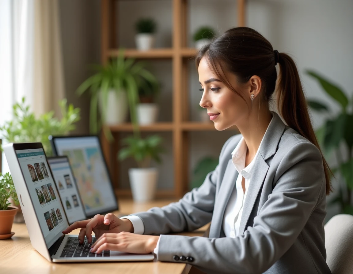 Femme consultant le plan du site Immo Guide sur un ordinateur portable dans un bureau moderne