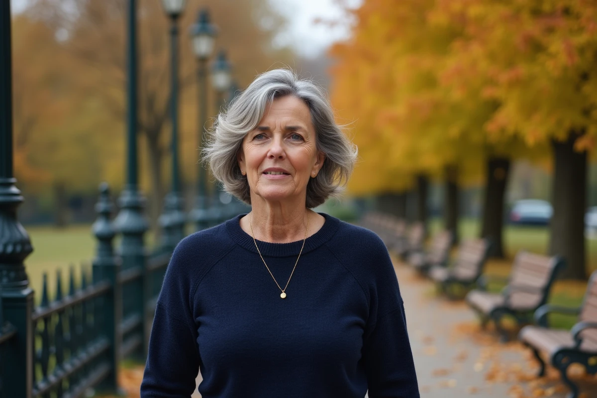 Femme en promenade dans un parc en automne avec Éric Emmanuel Schmitt