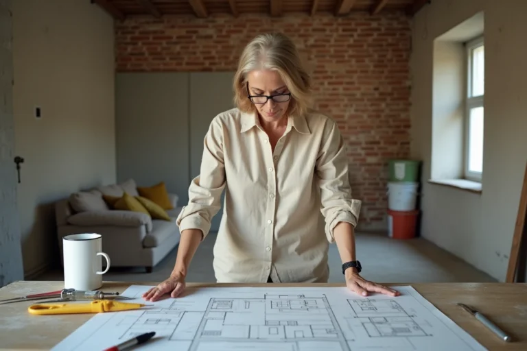 Femme tenant des plans de rénovation dans un salon en cours de travaux, illustrant une rénovation sereine et bien organisée
