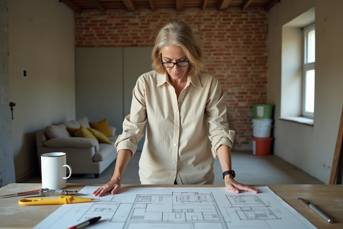 Femme tenant des plans de rénovation dans un salon en cours de travaux, illustrant une rénovation sereine et bien organisée