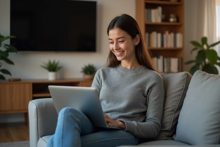 Jeune femme souriante sur canapé avec ordinateur portable