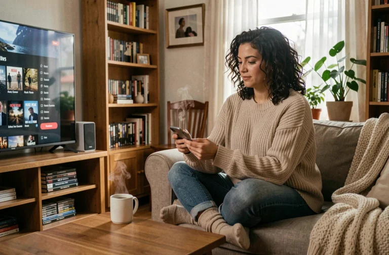 Femme parcourant une sélection de films sur sa télévision dans un salon cosy et chaleureux