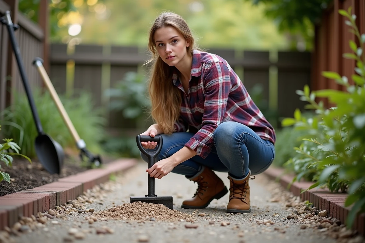 Jeune femme inspectant le gravier avec un tamper dans un jardin