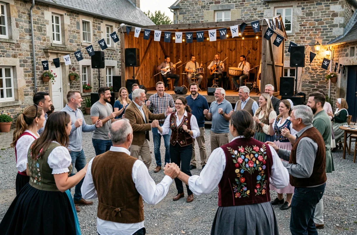 Fest-noz breton traditionnel avec danseurs et musiciens lors d'une fête locale en Morbihan