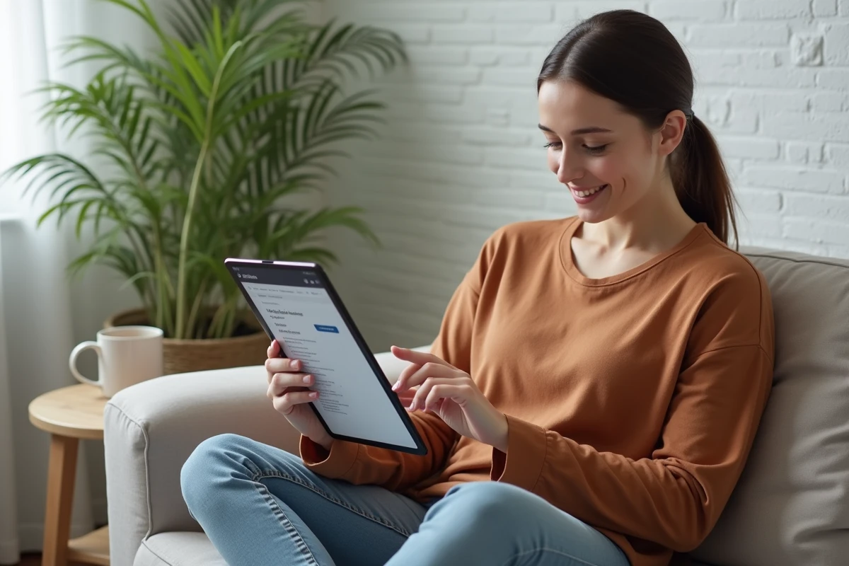 Jeune femme consultant et gérant ses articles de blog sur une tablette depuis son canapé à la maison