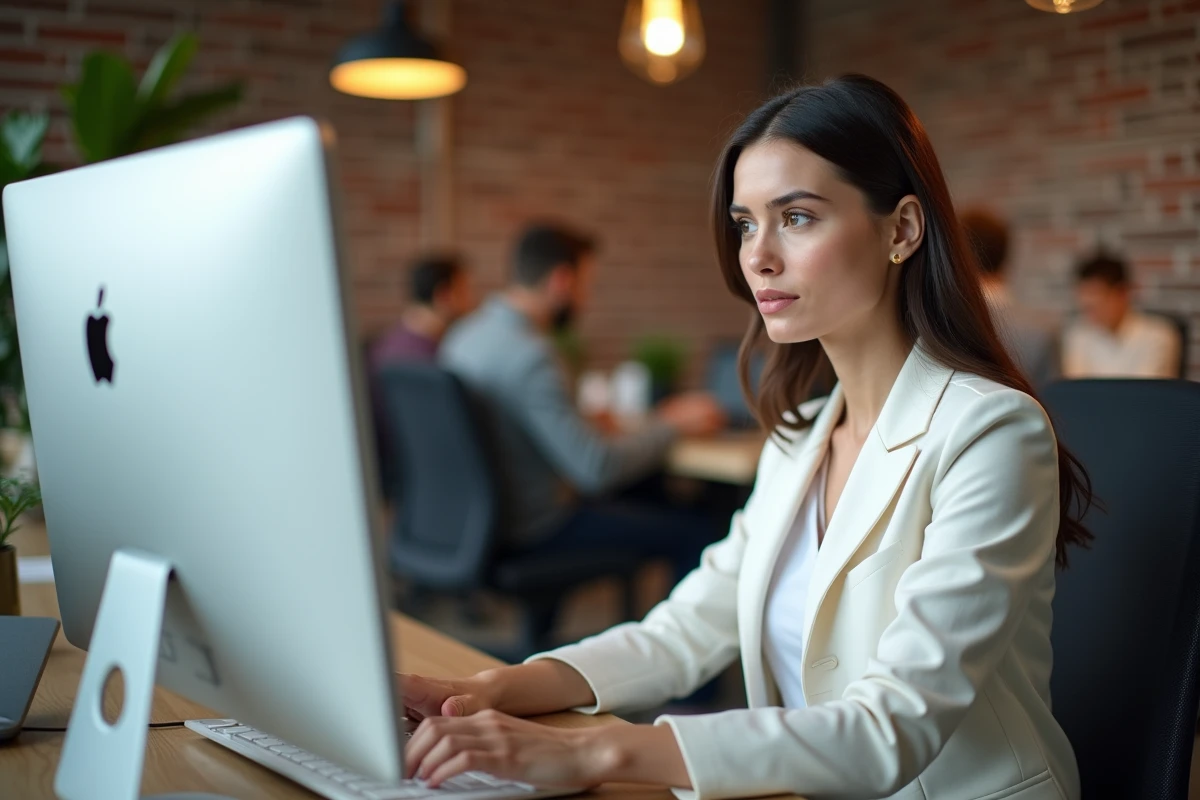 Professionnelle gérant les dossiers Google Drive sur un ordinateur de bureau dans un espace de coworking