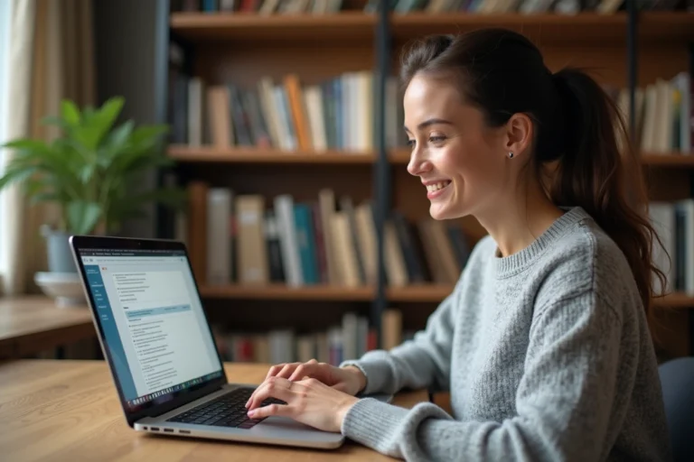 Femme gérant ses publications sur un tableau de bord de blog depuis un ordinateur portable à son bureau à domicile