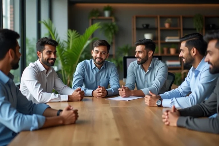 Groupe d'hommes bangladais en coworking collaboratif