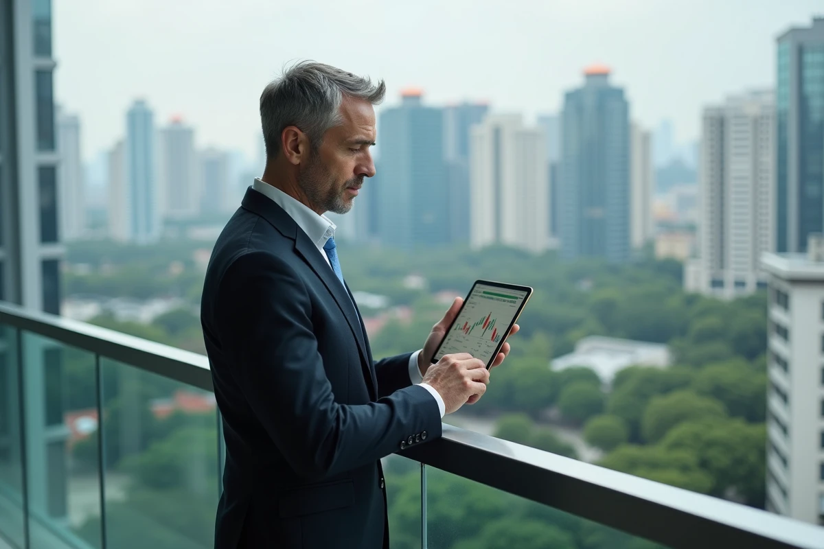 Homme d âge moyen observant la ville depuis un balcon avec une tablette