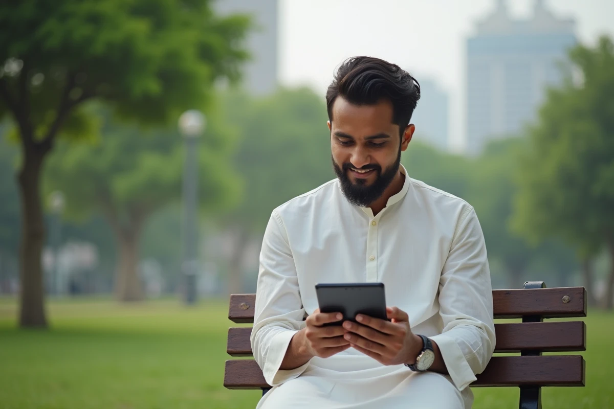 Jeune homme bangladais utilisant une tablette en parc