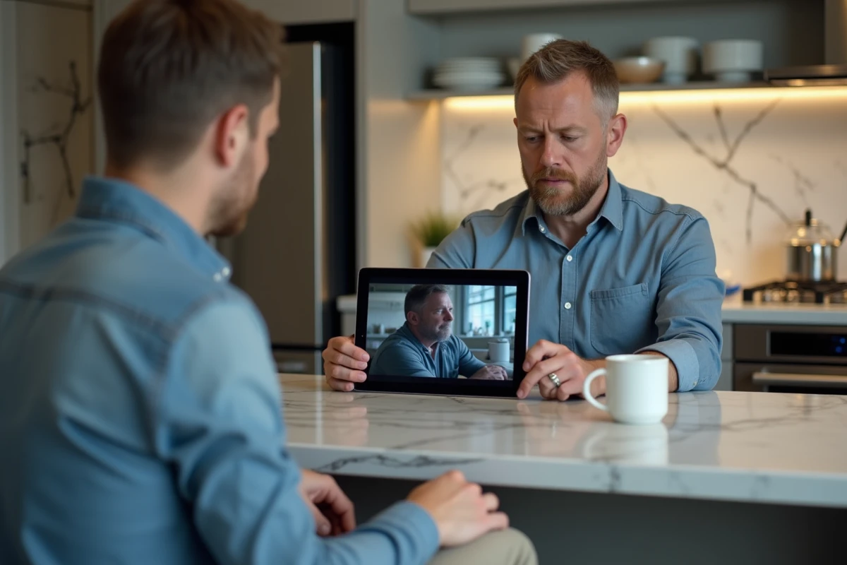 Homme détendu regardant tablette dans cuisine moderne