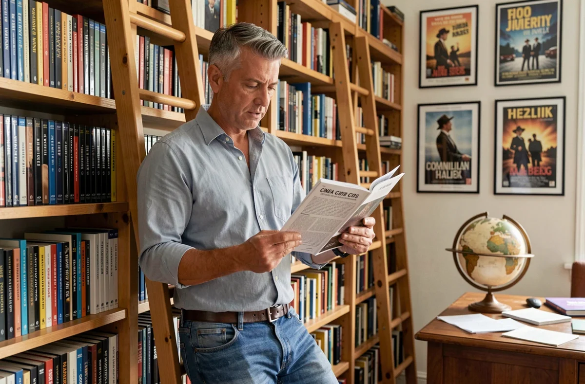 Homme lisant un guide cinéma dans une bibliothèque personnelle remplie de films et de livres sur le cinéma