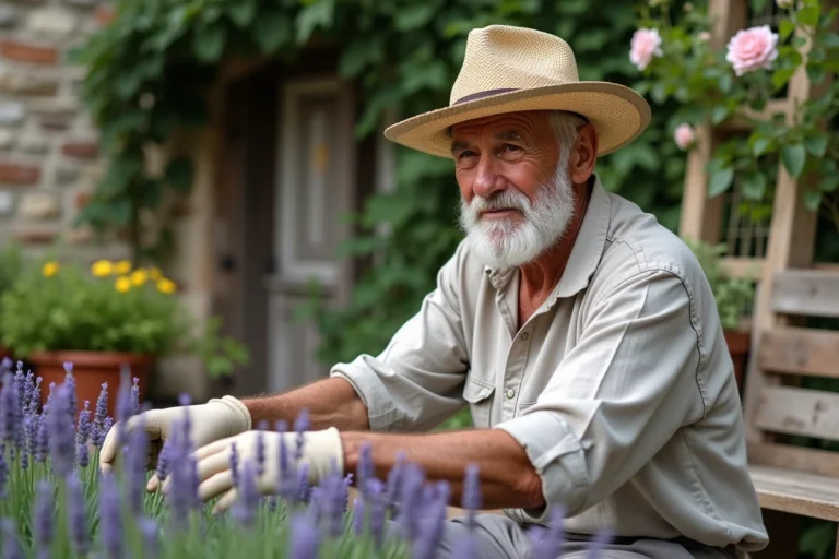 Homme âgé en chapeau de paille prune la lavande dans un jardin français