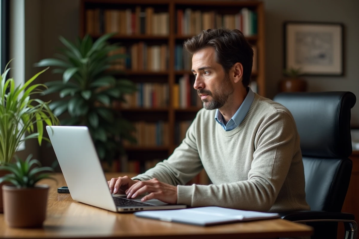 Homme d age moyen lisant dans son bureau à domicile